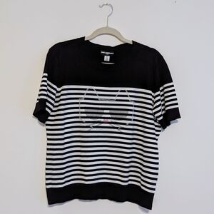 Karl Lagerfeld Paris Black and White Striped Cat Short Sleeve Sweater Large